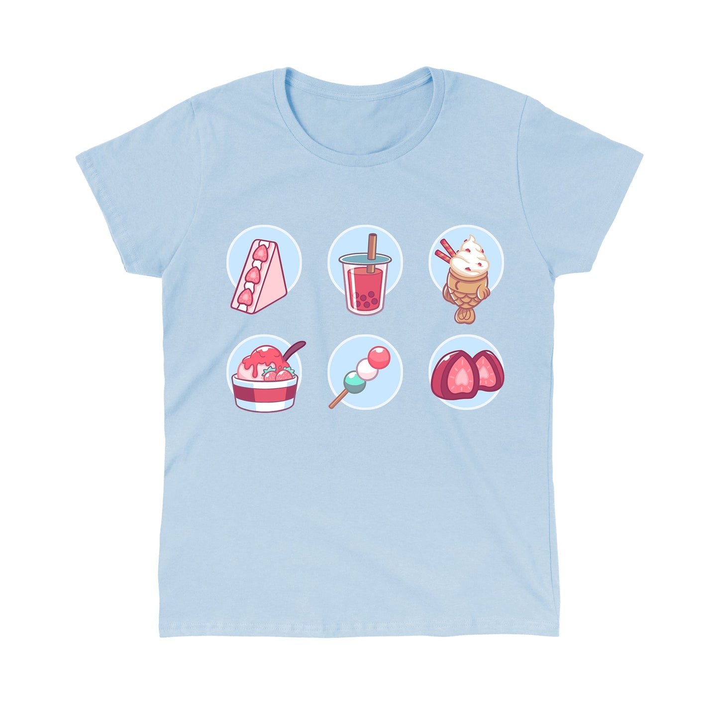 Classic Cotton T-shirt_ Sweet Treats light blue t-shirt featuring an illustration of various sweets, such as  a triangular strawberry cheesecake, pink boba drink, strawberry ice cream, a vanilla milkshake, a small stick of pink, white and green mochi balls, and a strawberry candy.