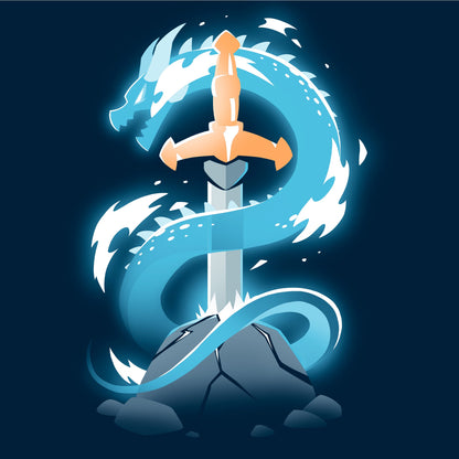 Long Sleeve T-shirt_TeeTurtle Sword Dragon navy blue t-shirt featuring a sword in a cracked rock, with a dragon coiling around it.