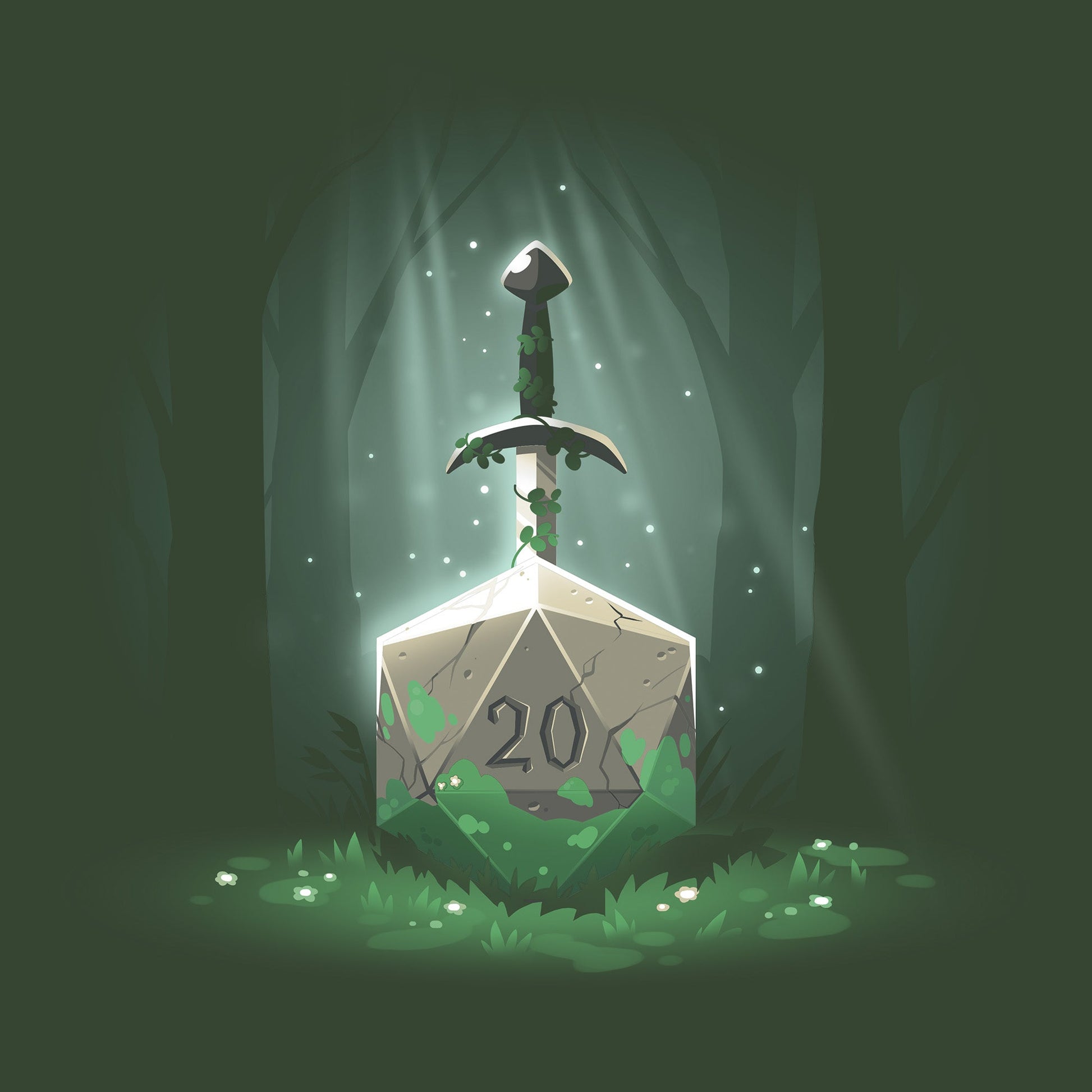 Classic Cotton T-shirt_TeeTurtle Sword in the D20 forest green t-shirt featuring a sword entwined with vines is embedded in a large stone marked with the number "20" in the middle of a dark, misty forest.