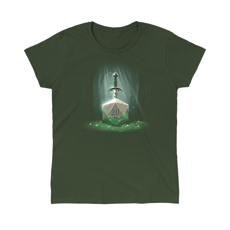 Classic Cotton T-shirt_TeeTurtle Sword in the D20 forest green t-shirt featuring a sword entwined with vines is embedded in a large stone marked with the number "20" in the middle of a dark, misty forest.