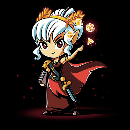 Classic Cotton T-shirt_TeeTurtle Tabletop Queen black t-shirt featuring a cartoon princess with white hair wearing a gold flower headband and wearing a red dress with a sword holstered on the side. She tosses four dice in the air with her left hand and holds a book in the right hand and looks ready to compete.