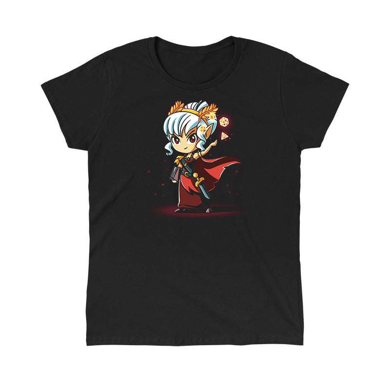 Classic Cotton T-shirt_TeeTurtle Tabletop Queen black t-shirt featuring a cartoon princess with white hair wearing a gold flower headband and wearing a red dress with a sword holstered on the side. She tosses four dice in the air with her left hand and holds a book in the right hand and looks ready to compete.