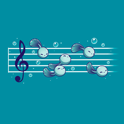 Classic Cotton T-shirt_Teeturtle Tadpool Tune tropical blue t-shirt featuring a gaggle of adorable cartoon tadpoles swimming along a music score.