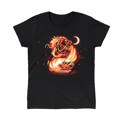 Classic Cotton T-shirt_TeeTurtle Tale Of Scales black t-shirt featuring an illustration of a little red dragon reading a book that has a large, fiery dragon swirling in flames coming out from the book and a small crescent moon in the top right corner near the large dragon's head.