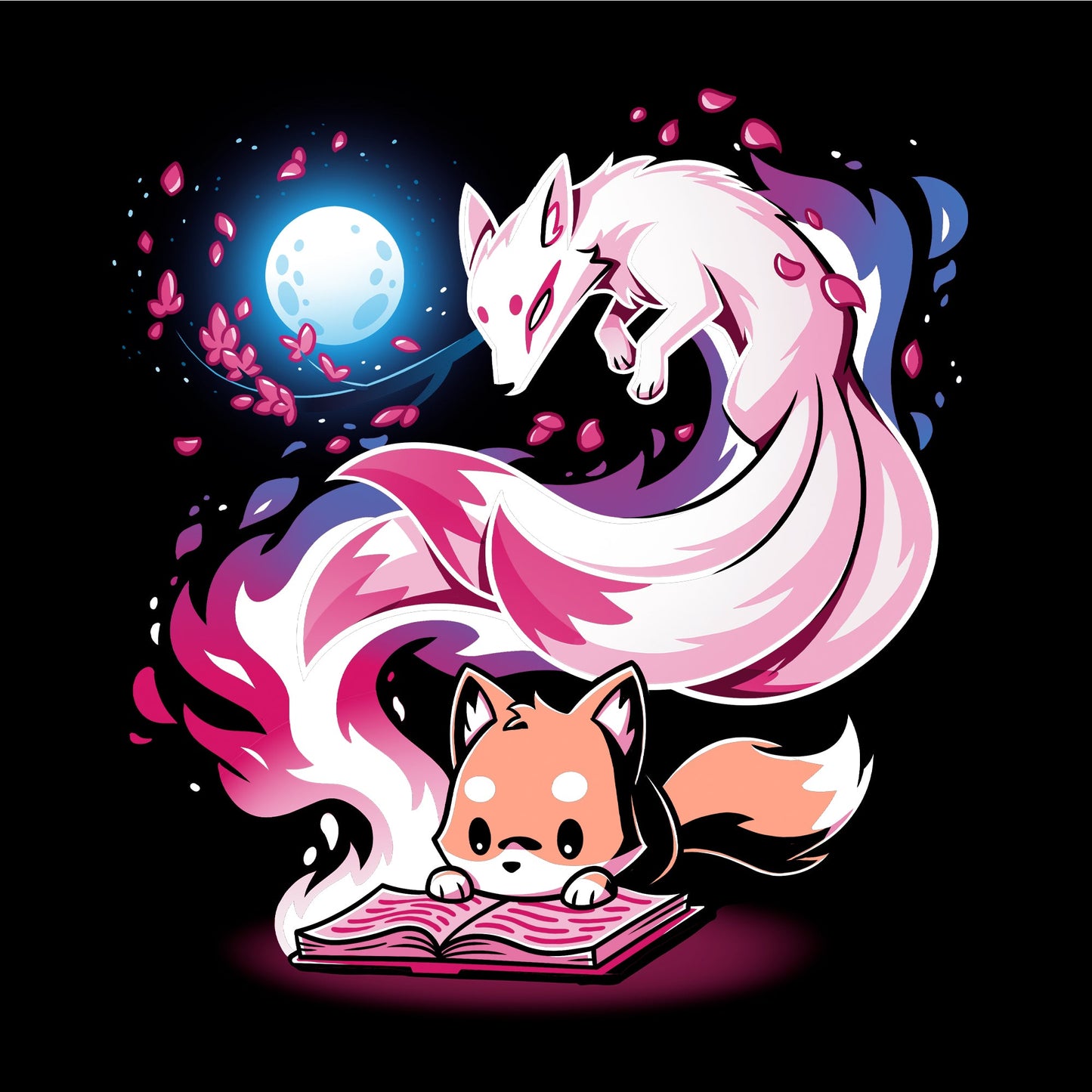 Long Sleeve T-shirt_TeeTurtle Tale of Tails black t-shirt featuring a fox reading with a magical kitsune coming out of the book.