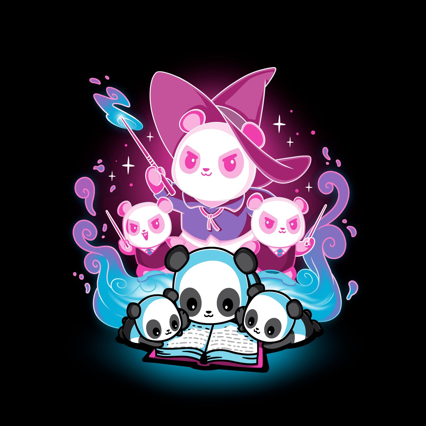 Classic Cotton T-shirt_Teeturtle Tales of Magic black t-shirt featuring a large panda wizard casting a spell, accompanied by three smaller wizard pandas, all surrounding an open book with blue, glowing pages.