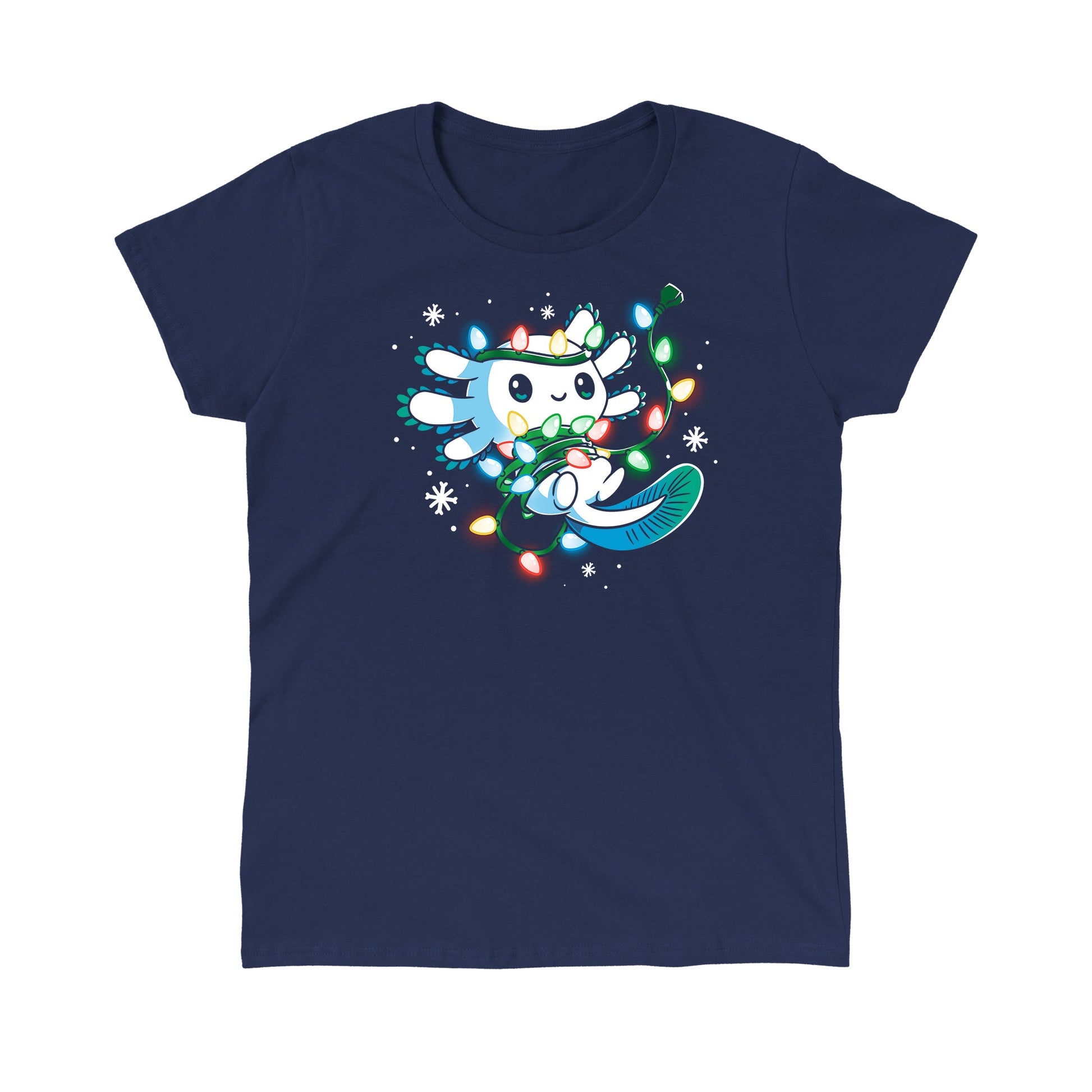 Classic Cotton T-shirt_TeeTurtle navy blue Tangled Up Axolotl. Featuring a white axolotl tangled up in a string of holiday lights.