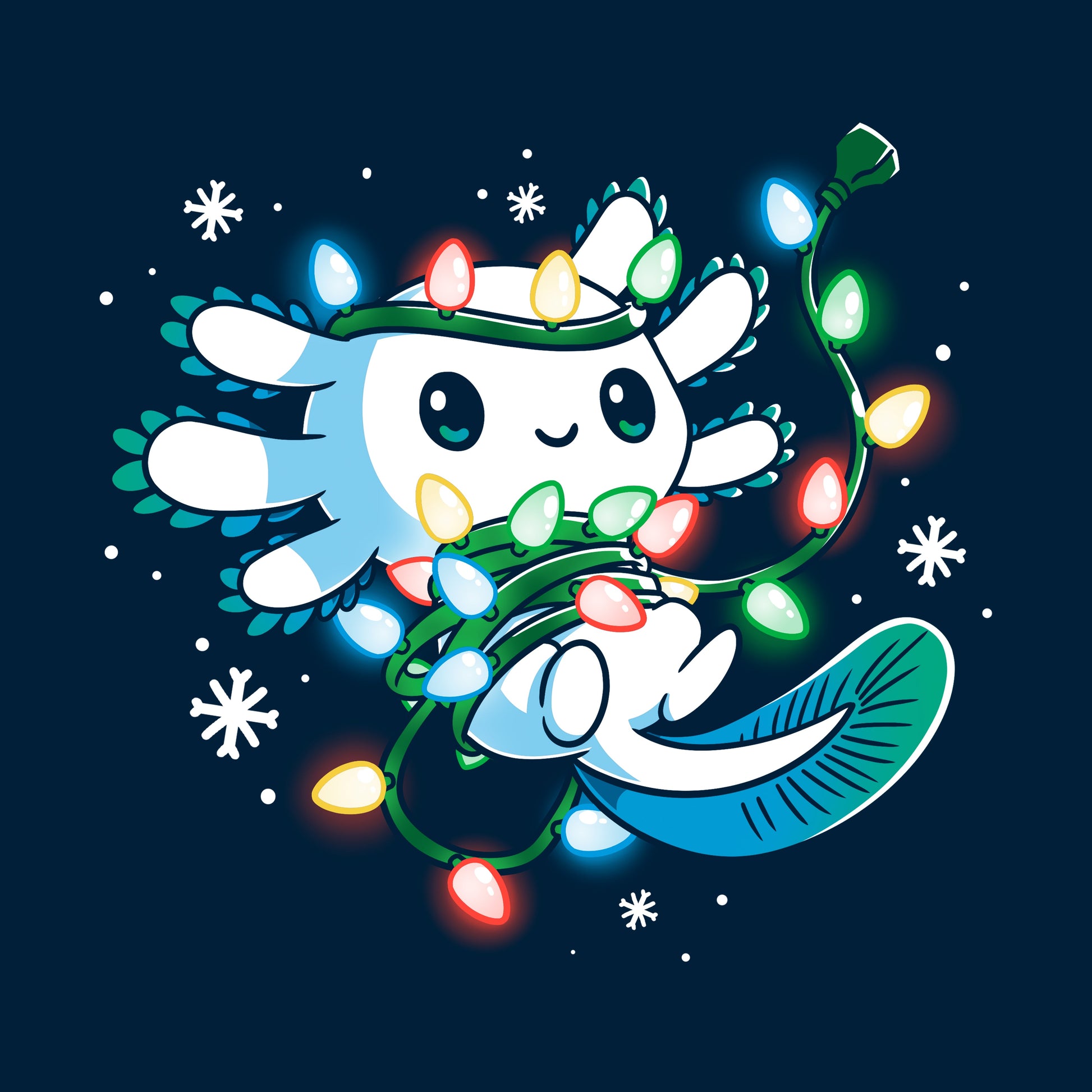 Classic Cotton T-shirt_TeeTurtle navy blue Tangled Up Axolotl. Featuring a white axolotl tangled up in a string of holiday lights.