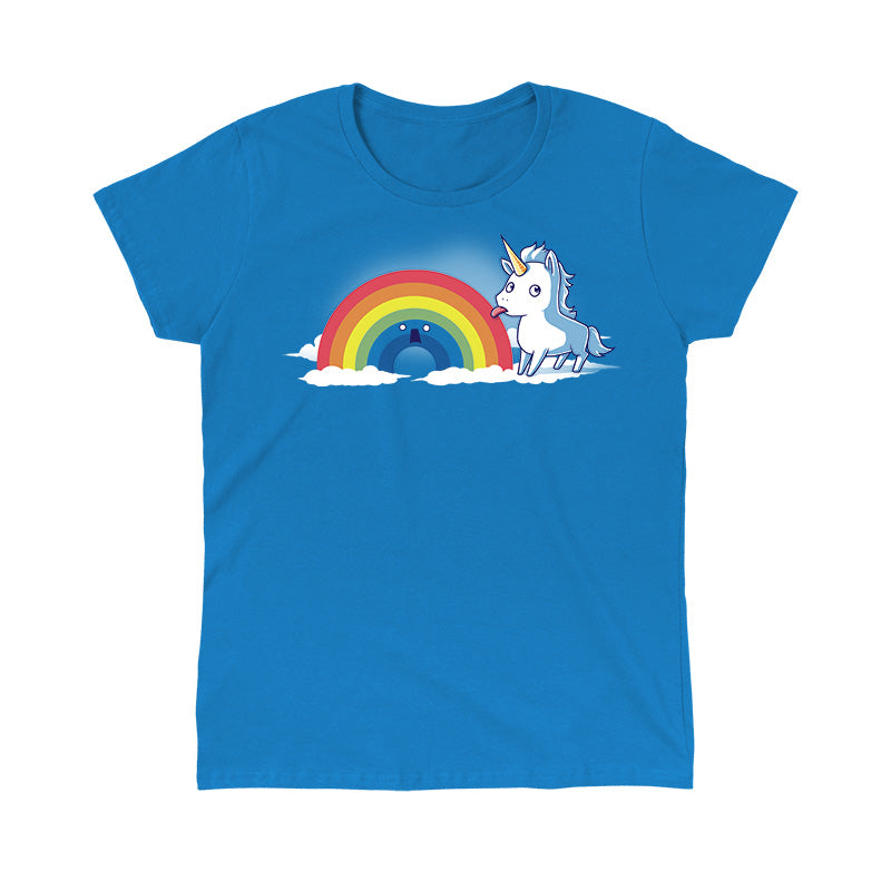 Classic Cotton T-shirt_TeeTurtle sapphire blue Tasty Rainbow. Featuring a unicorn licking a surprised rainbow.