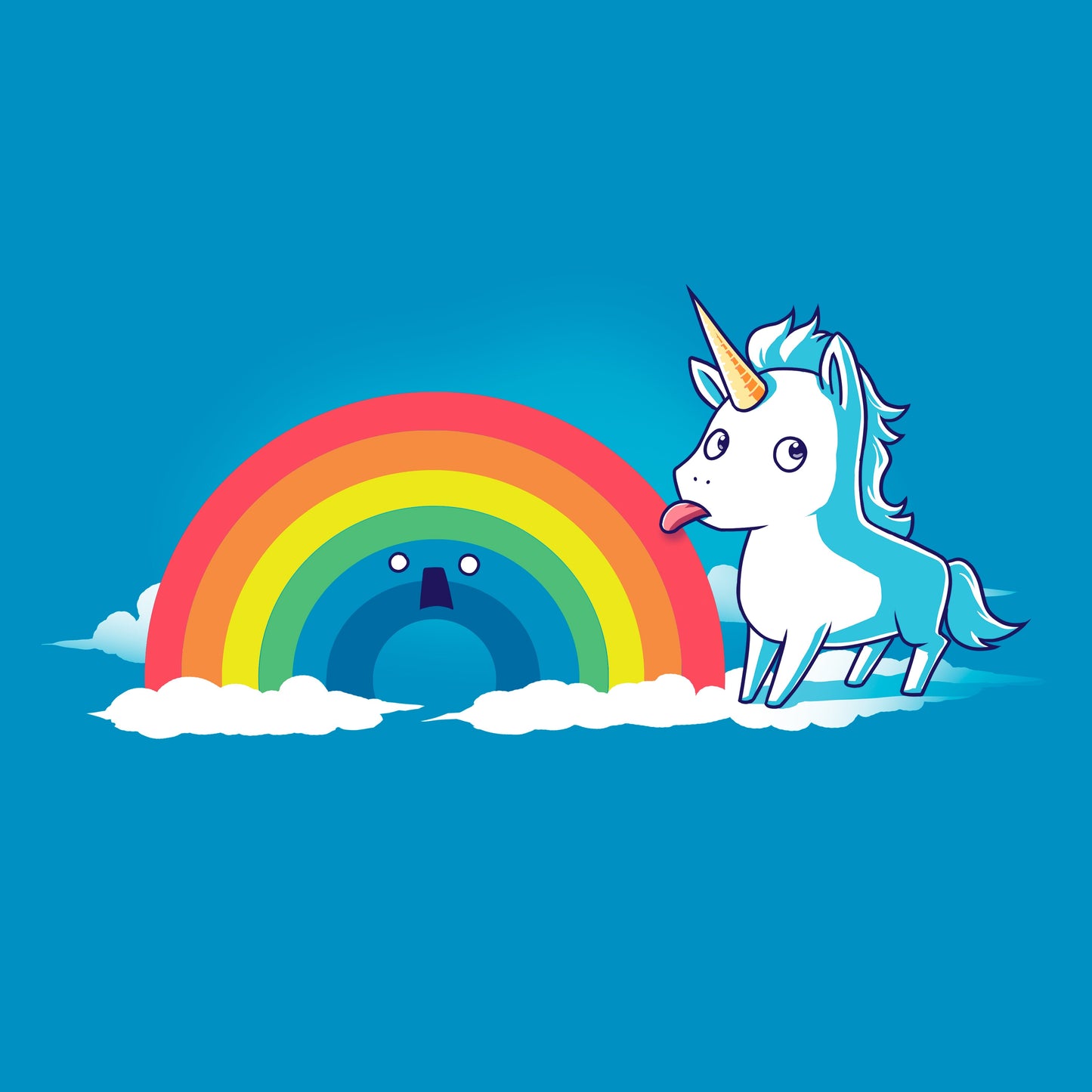 Classic Cotton T-shirt_TeeTurtle sapphire blue Tasty Rainbow. Featuring a unicorn licking a surprised rainbow.