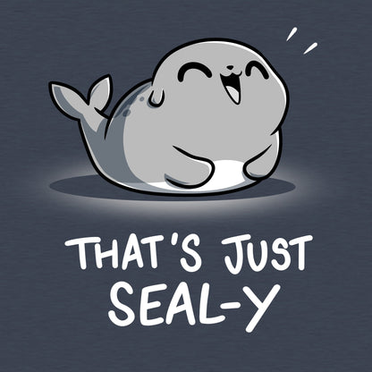 Classic Cotton T-shirt_TeeTurtle That's Just Seal-y heather navy t-shirt featuring a seal with a happy expression and text below reading, "that's just seal-y,"