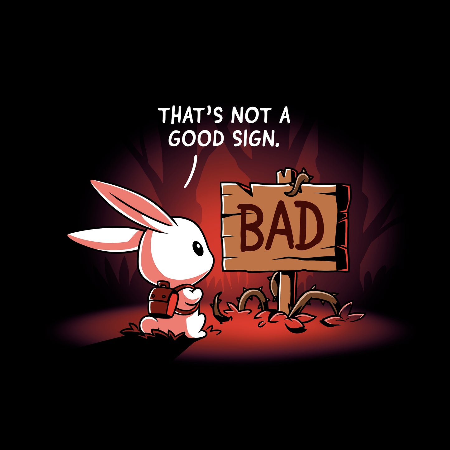 Long Sleeve T-shirt_TeeTurtle That's Not a Good Sign black t-shirt featuring an adventurous bunny looking at a wooden sign with the word "bad" on it.