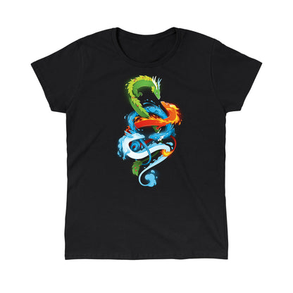 Classic Cotton T-shirt_TeeTurtle The Four Elements black t-shirt featuring four intertwined elemental dragons: green (earth), blue (water), red (fire), and white (air).