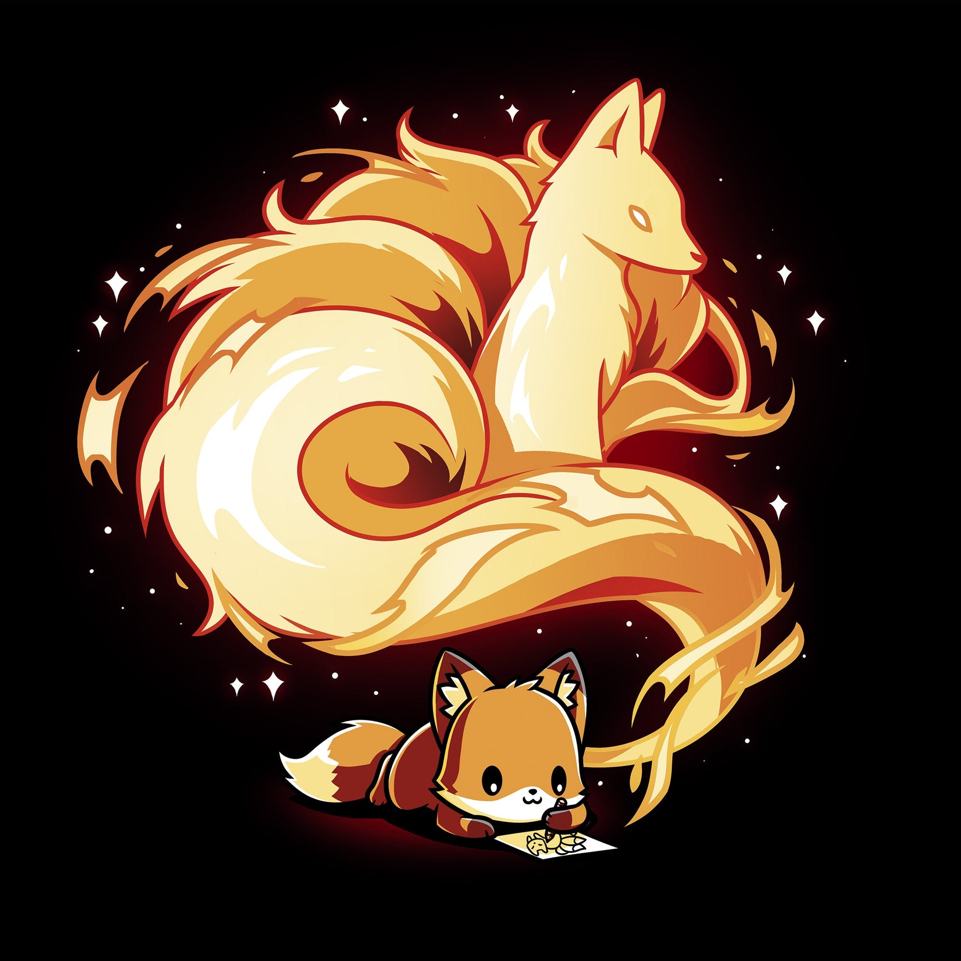 Classic Cotton T-shirt_TeeTurtle The Mind of an Artist black t-shirt featuring an illustration of an orange fox lying down contently drawing. The drawing appears to come from the little fox's thoughts, which shows an older orange fox with a long, fluffy and spiraling tail that resembles fire surrounded by stars. 