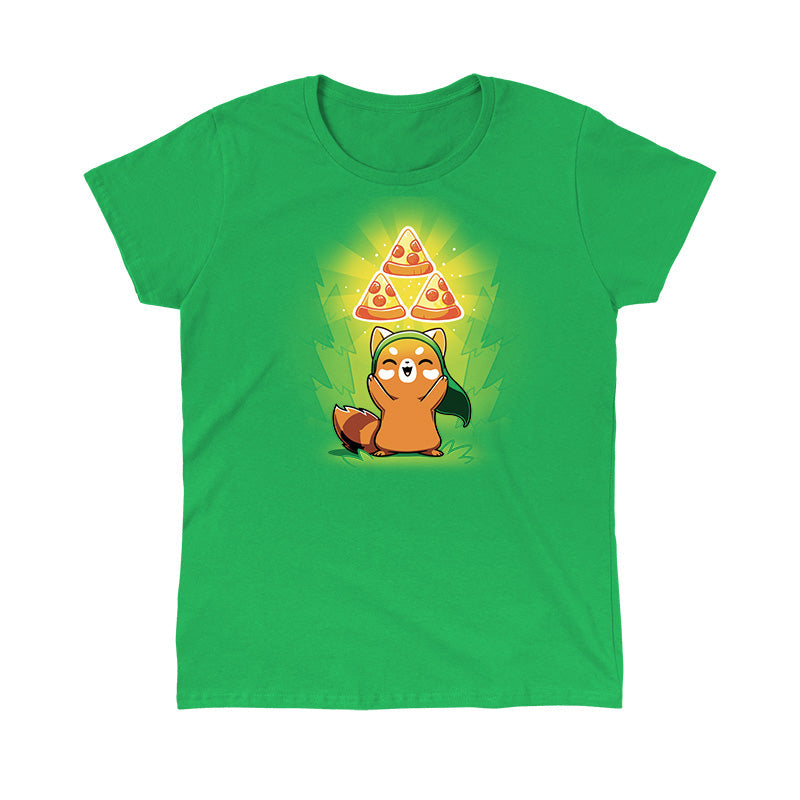 Classic Cotton T-shirt_TeeTurtle The Power of Pizza Irish green t-shirt featuring a fox smiling and raising its hands. Floating above its head are three glowing slices of pepperoni pizza in a triangular formation.