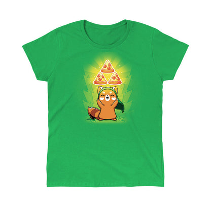 Classic Cotton T-shirt_TeeTurtle The Power of Pizza Irish green t-shirt featuring a fox smiling and raising its hands. Floating above its head are three glowing slices of pepperoni pizza in a triangular formation.