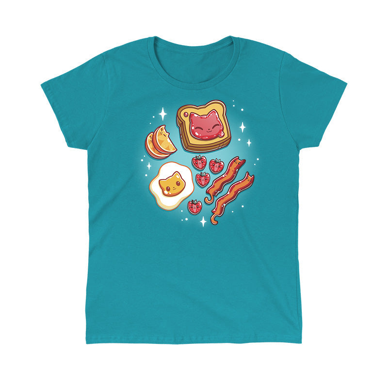 Classic Cotton T-shirt_TeeTurtle The Purrfect Breakfast Life tropical blue t-shirt featuring cute cat faces on popular breakfast items, including a piece of toast, an egg, strawberries, and bacon, all on a teal background with sparkles.