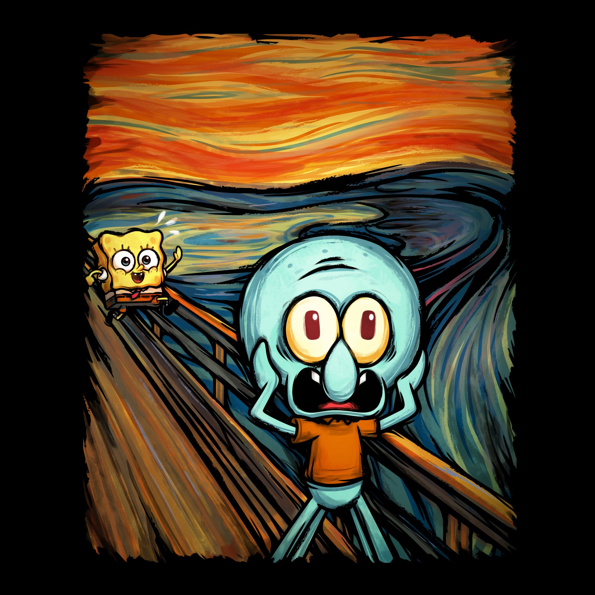 Classic Cotton T-shirt_TeeTurtle black The Scream apparel featuring a screaming Squidward with SpongeBob running towards him in the background done in a style reminiscent of the painting The Scream.