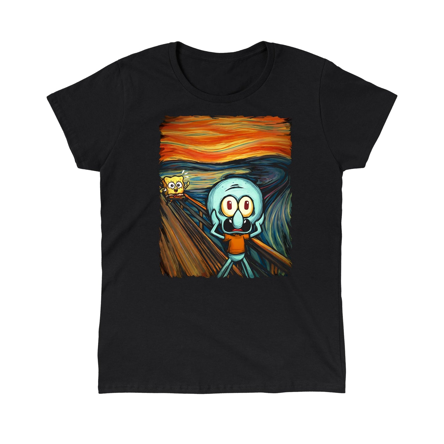 Classic Cotton T-shirt_TeeTurtle black The Scream apparel featuring a screaming Squidward with SpongeBob running towards him in the background done in a style reminiscent of the painting The Scream.