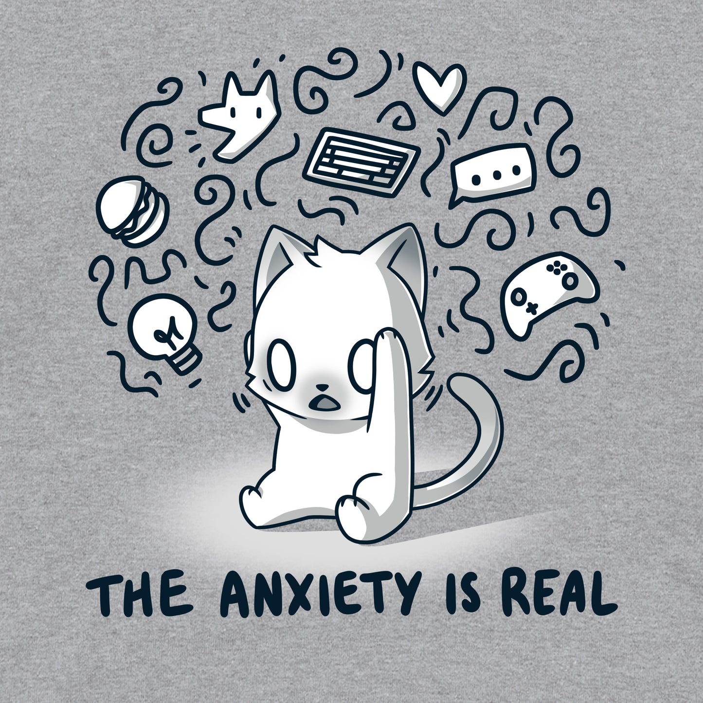 Crew Neck Sweatshirt_Teeturtle The Anxiety is Real Heather Gray Featuring an anxious white cat holding its head while imagining all the various things it's anxious about with the image set above the words 'The Anxiety is Real'.