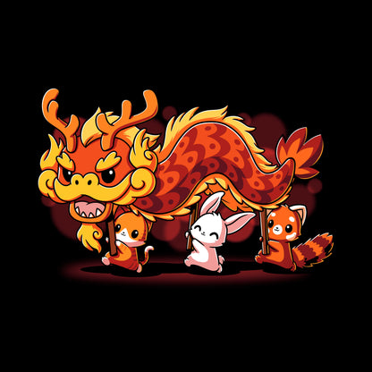 Classic Cotton T-shirt_TeeTurtle black The Dragon Dance. Featuring a cat, bunny, and red panda performing a lunar new year dragon dance.