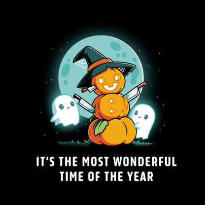 Classic Cotton T-shirt_TeeTurtle black The Most Wonderful Time of the Year. Featuring a snowman made out of pumpkins with knives sticking out of it surrounded by ghosts.