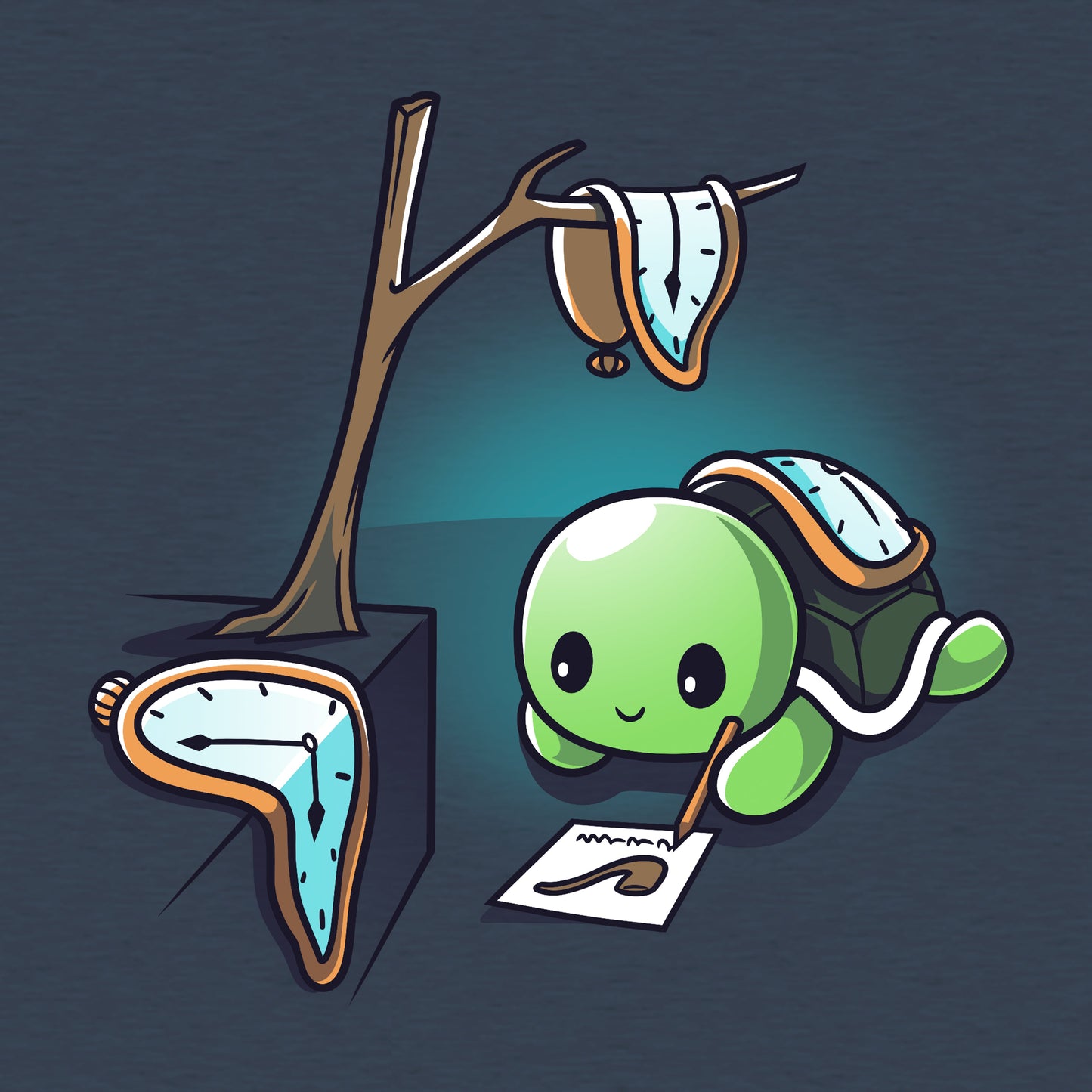 Classic Cotton T-shirt_TeeTurtle The Persistence of Drawing heather navy t-shirt featuring a turtle drawing while surrounded by melting clocks.