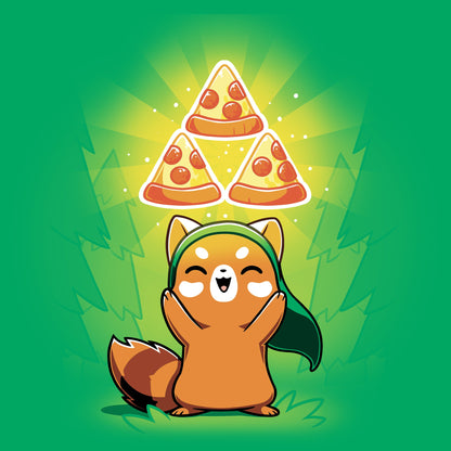 Classic Cotton T-shirt_TeeTurtle The Power of Pizza Irish green t-shirt featuring a fox smiling and raising its hands. Floating above its head are three glowing slices of pepperoni pizza in a triangular formation.