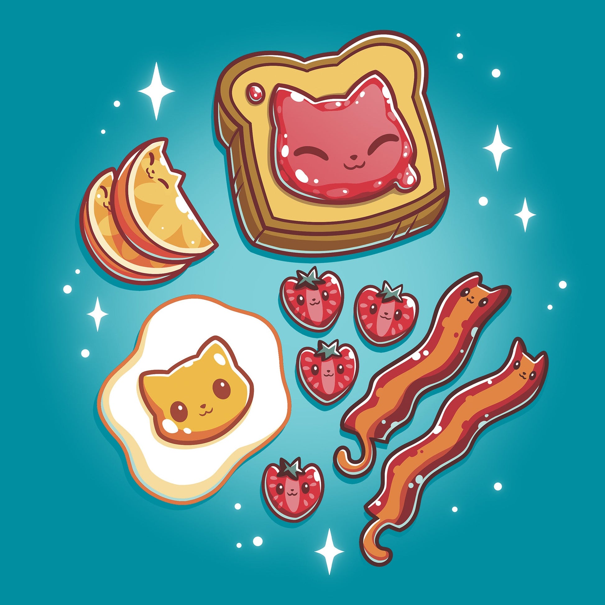 Classic Cotton T-shirt_TeeTurtle The Purrfect Breakfast Life tropical blue t-shirt featuring cute cat faces on popular breakfast items, including a piece of toast, an egg, strawberries, and bacon, all on a teal background with sparkles.