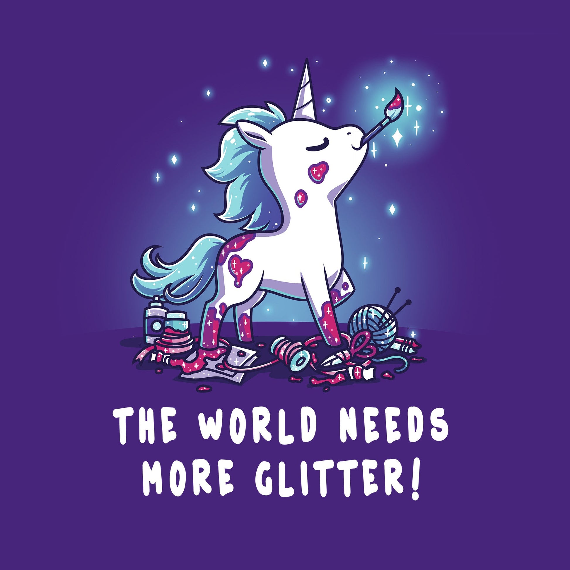 Classic Cotton T-shirt_TeeTurtle The World Needs More Glitter Purple t-shirt featuring a white unicorn holing a paint brush in it's mouth with a blue mane and tail, standing proudly above an assortment of craft supplies. It's covered with patches of pink glitter, one of which is shaped like a heart. Beneath it are the words "THE WORLD NEEDS MORE GLITTER!"