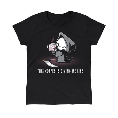 Classic Cotton T-shirt_TeeTurtle This Coffee Is Giving Me Life black t-shirt featuring the Grim Reaper holding a mug with a heart symbol and text "THIS COFFEE IS GIVING ME LIFE."