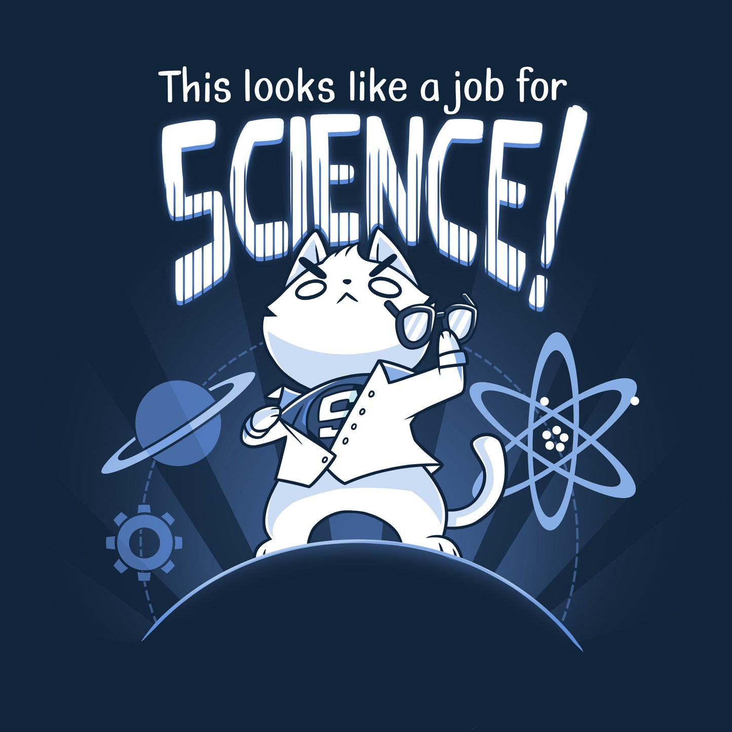 Classic Cotton T-shirt_TeeTurtle This Looks Like a Job for Science navy blue t-shirt featuring a cartoon illustration of a white cat dressed in a white suit revealing a shirt underneath that has an "S" on it while holding black glasses surrounded by a planet and orbs. The words "This looks like a job for SCIENCE!" is written on top of the illustration.