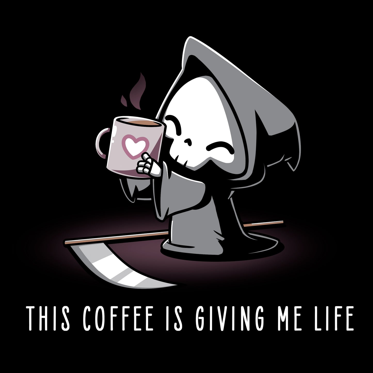 Classic Cotton T-shirt_TeeTurtle This Coffee Is Giving Me Life black t-shirt featuring the Grim Reaper holding a mug with a heart symbol and text "THIS COFFEE IS GIVING ME LIFE."