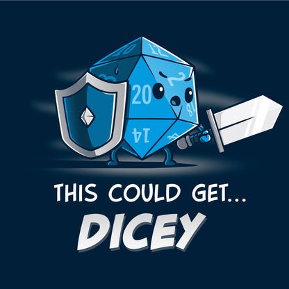 Classic Cotton T-shirt_TeeTurtle This Could Get Dicey navy blue t-shirt featuring a blue anthropomorphic 20-sided dice holding a shield and sword. The text below reads, "This Could Get Dicey." 