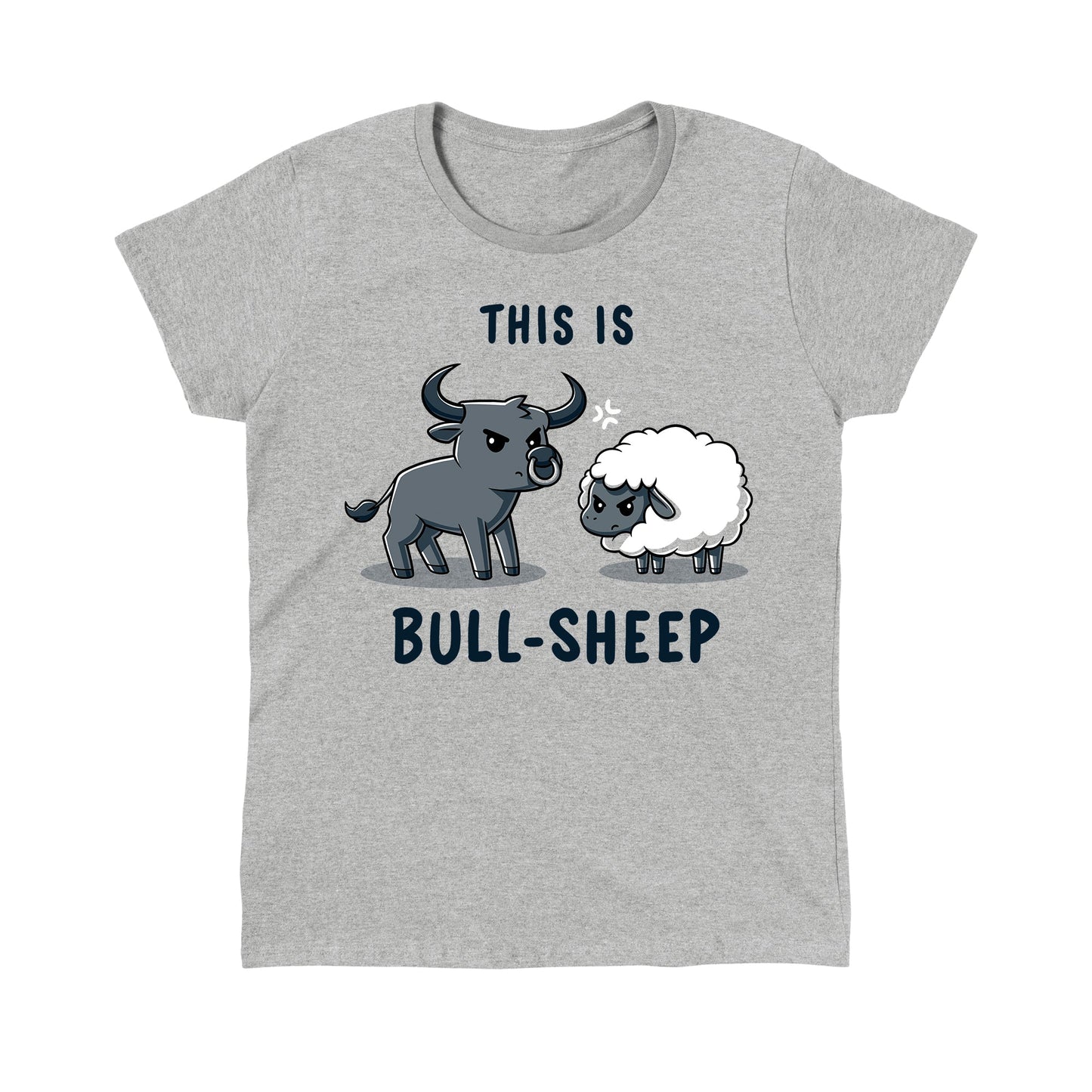 Classic Cotton T-shirt_TeeTurtle This Is Bull-Sheep heather gray t-shirt featuring a cartoon image with a bull and a sheep standing next to each other, both frowning. Text above reads "This is" and below reads "Bull-Sheep." 