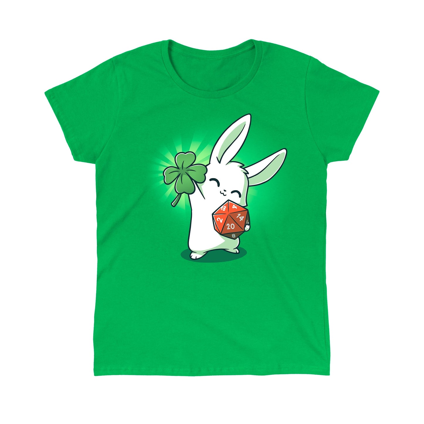 Classic Cotton T-shirt_Teeturtle This is My Lucky Shirt Irish green  t-shirt featuring a white rabbit smiling with its' eyes closed holding up a four leaf clover in one paw while gripping a D20 dice in the other.