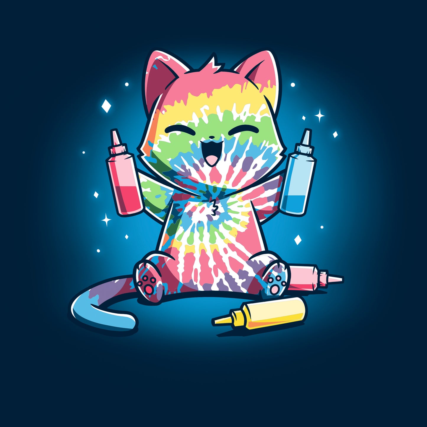 Classic Cotton T-shirt_TeeTurtle navy blue Tie-Dye Cat. Featuring a cat that's dyed itself in a tie-dye pattern.