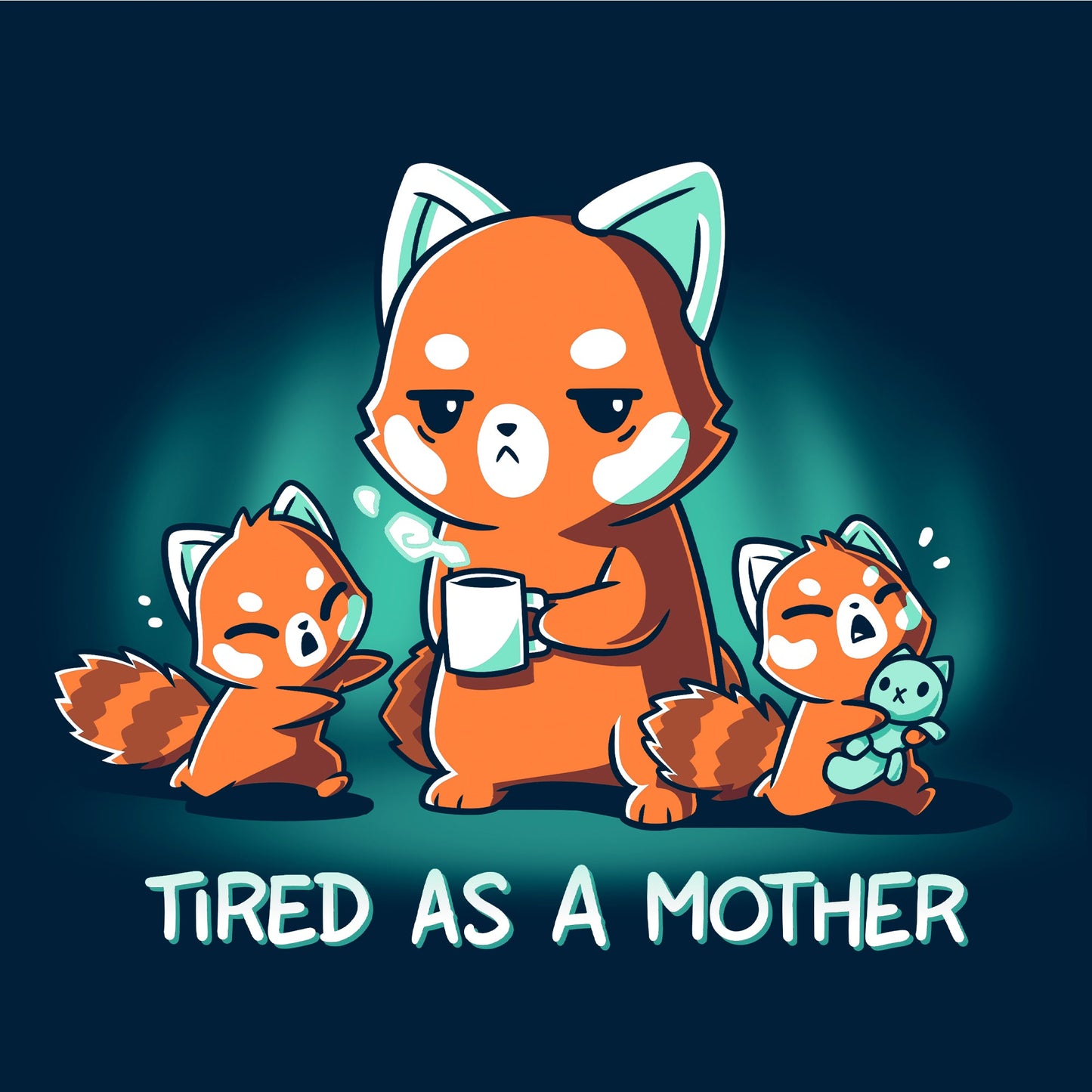 Pullover Hoodie_TeeTurtle navy blue Tired As a Mother. Featuring a tired red panda mother holding a cup of coffee with two crying red panda cubs.