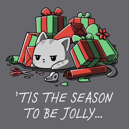 Classic Cotton T-shirt_TeeTurtle Tis The Season To Be Jolly charcoal grey t-shirt featuring a cat among unwrapped gifts, wrapping paper, ribbon, and scissors.
