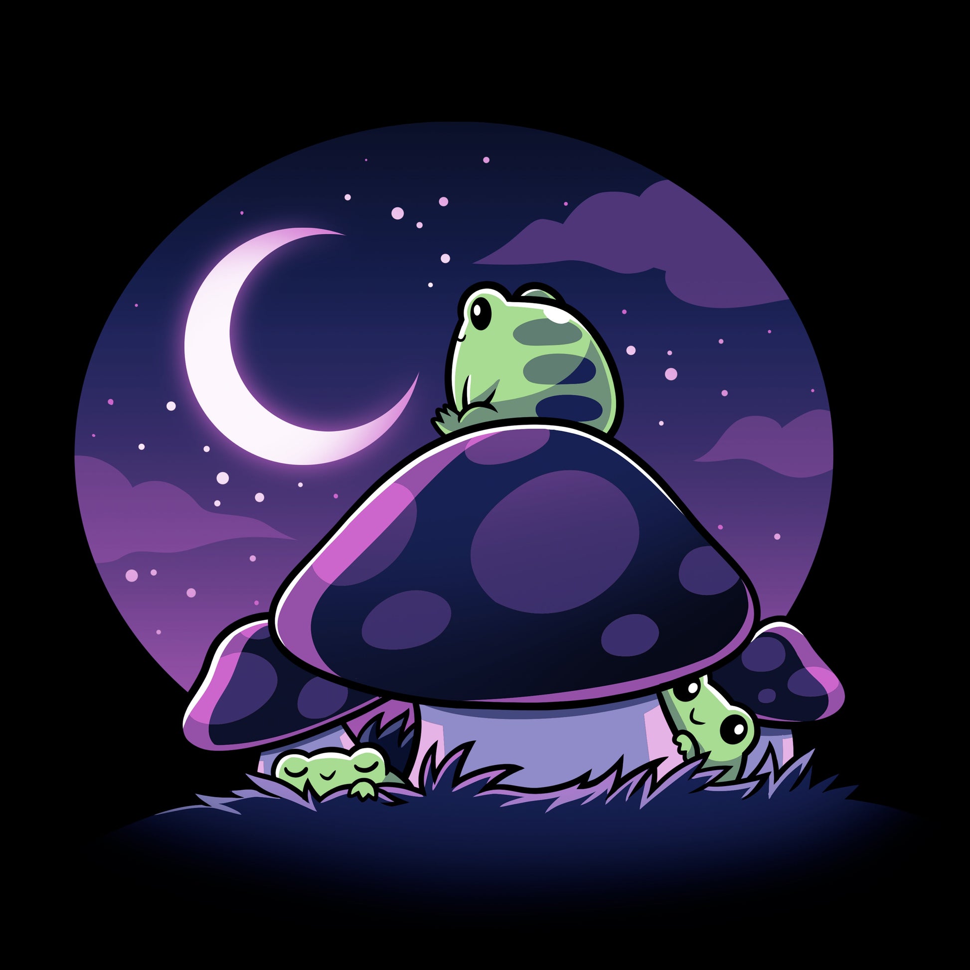 Classic Cotton T-shirt_TeeTurtle Twilight Toadstools black t-shirt featuring an illustration of a green frog sitting on top of a mushroom gazing up at the stars and a crescent moon in a violet-purple sky. There are two more green frogs underneath the mushroom cap, and two additional mushrooms on the side.