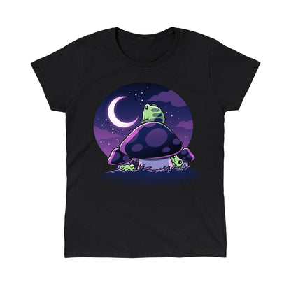 Classic Cotton T-shirt_TeeTurtle Twilight Toadstools black t-shirt featuring an illustration of a green frog sitting on top of a mushroom gazing up at the stars and a crescent moon in a violet-purple sky. There are two more green frogs underneath the mushroom cap, and two additional mushrooms on the side.