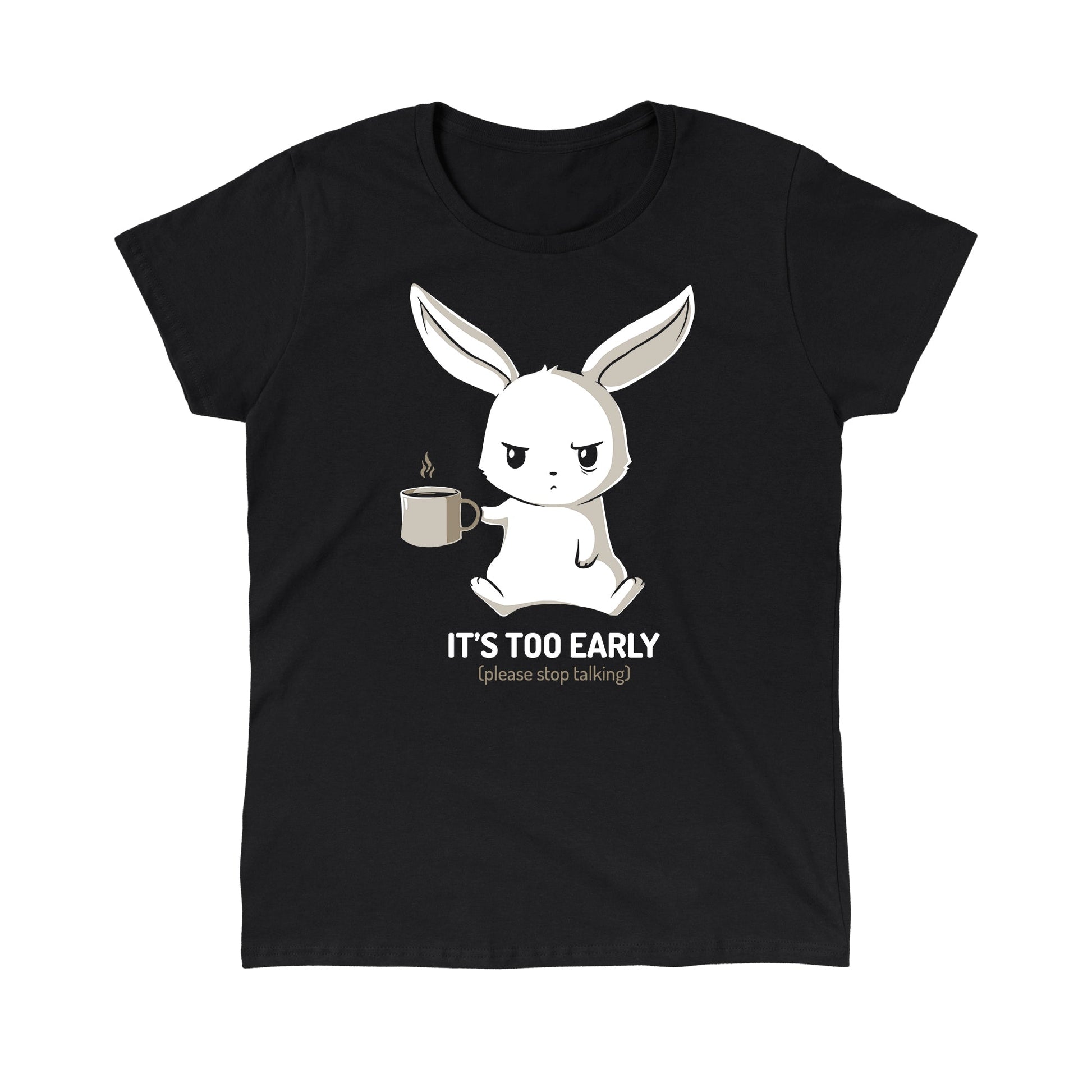 Classic Cotton T-shirt_TeeTurtle black Too Early. Featuring a grumpy bunny holding a cup of coffee.