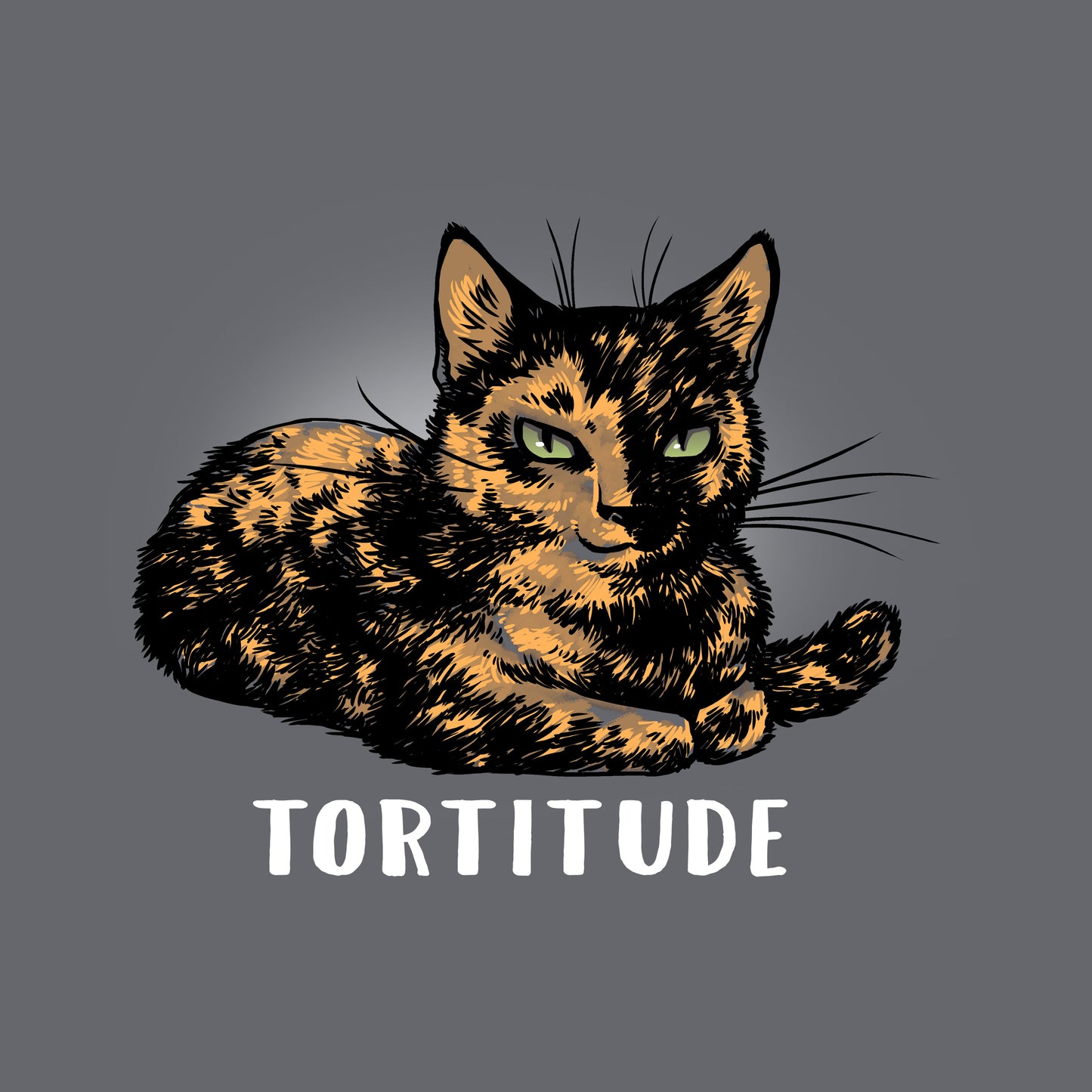 Classic Cotton T-shirt_TeeTurtle Tortitude. charcoal gray t-shirt featuring a tortoiseshell cat with its paws crossed smiling.