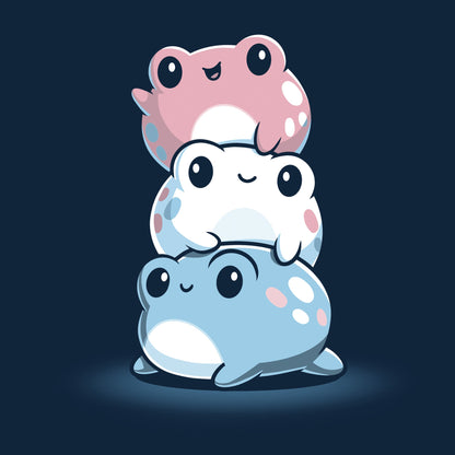 Classic Cotton T-shirt_TeeTurtle Trans Pride Frogs navy blue t-shirt featuring a pink frog waving on top, a white frog in the middle, and a light blue frog on the bottom all smiling and looking content.