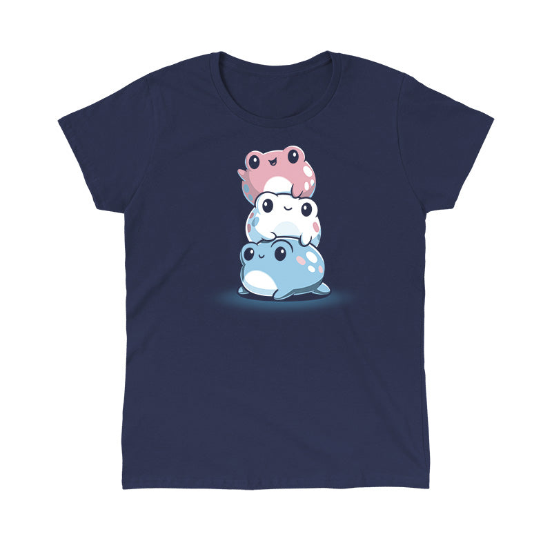 Classic Cotton T-shirt_TeeTurtle Trans Pride Frogs navy blue t-shirt featuring a pink frog waving on top, a white frog in the middle, and a light blue frog on the bottom all smiling and looking content.