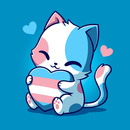 Classic Cotton T-shirt_TeeTurtle TransPurride Sapphire Blue t-shirt featuring a cute cartoon cat holding a heart with the transgender pride flag design.