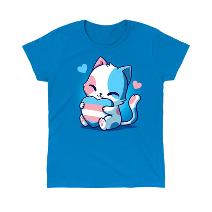 Classic Cotton T-shirt_TeeTurtle TransPurride Sapphire Blue t-shirt featuring a cute cartoon cat holding a heart with the transgender pride flag design.