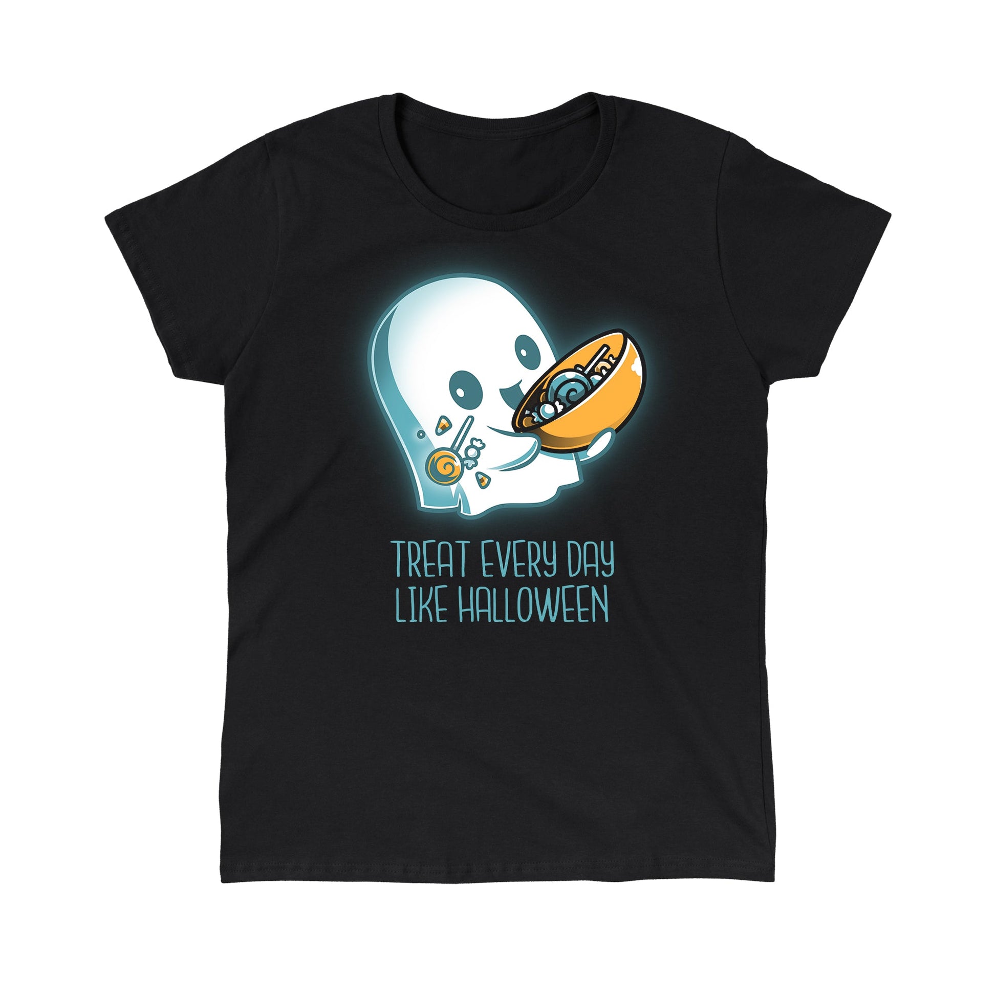 Classic Cotton T-shirt_Teeturtle Treat Every Day Like Halloween black t-shirt featuring a cute ghost with a bowl full of candy and the words 'Treat Every Day Like Halloween' beneath.