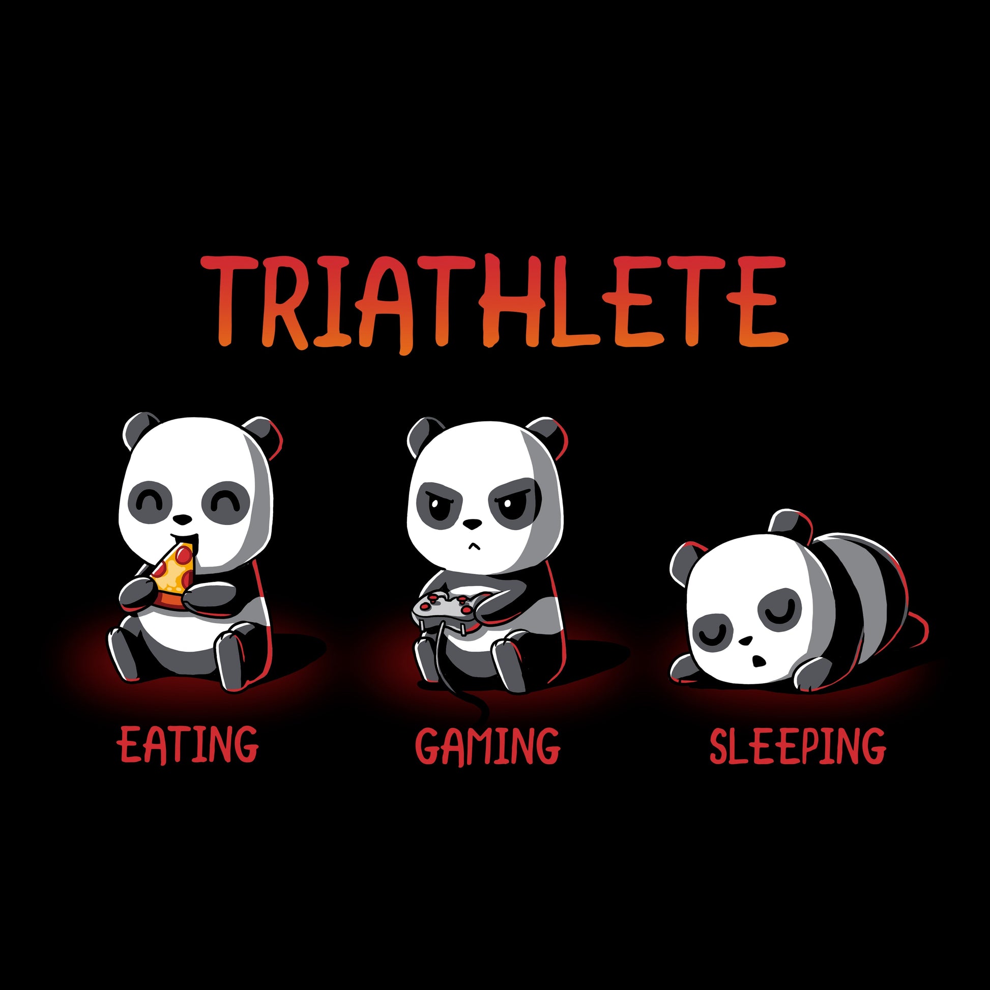 Crew Neck Sweatshirt_TeeTurtle black Triathlete. Featuring a panda eating, a panda gaming, and a panda sleeping.