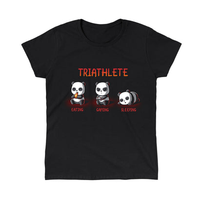 Classic Cotton T-shirt_TeeTurtle black Triathlete. Featuring a panda eating, a panda gaming, and a panda sleeping.